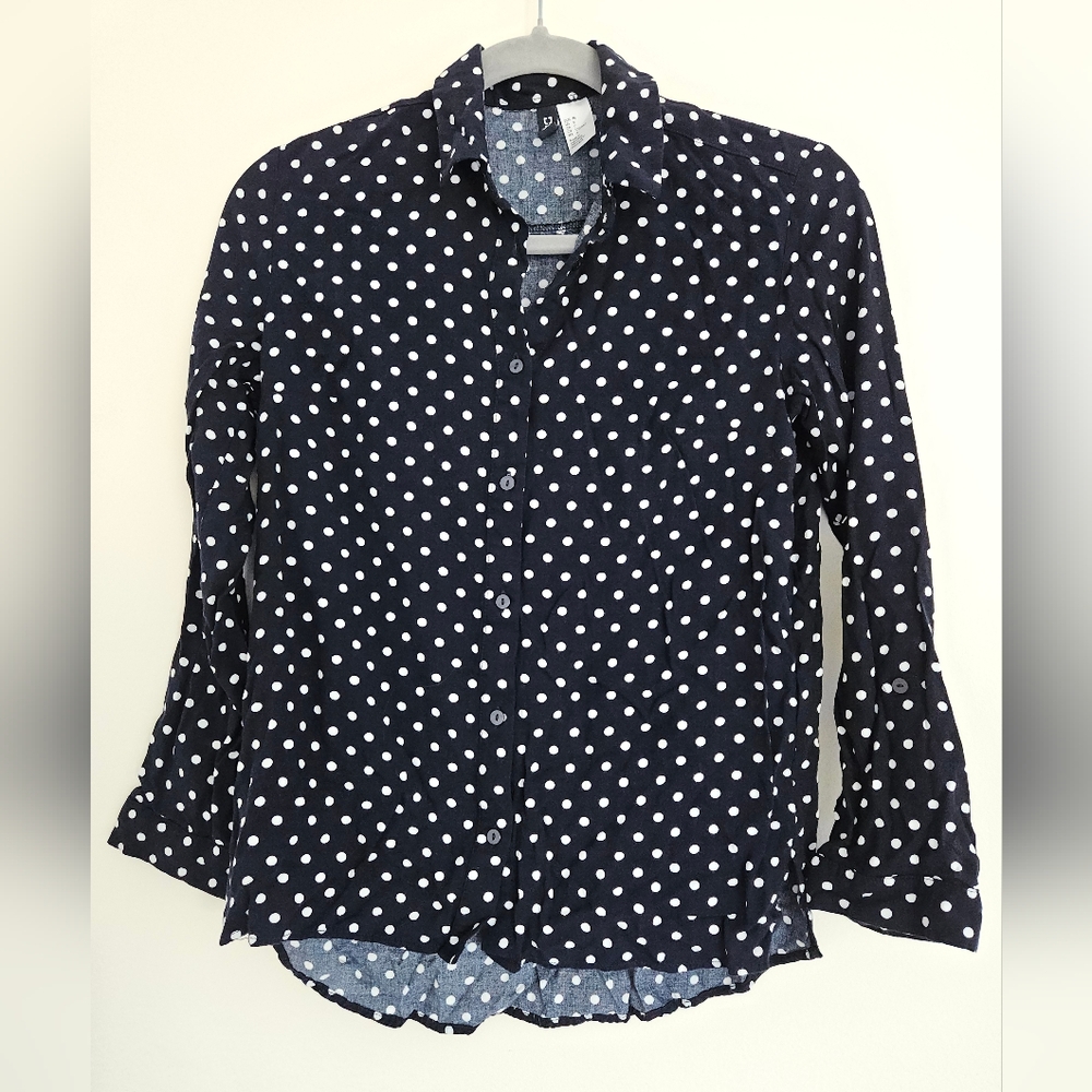 H&M Polka Dot Blouse Button Down Shirt Viscose 6 Navy Blue